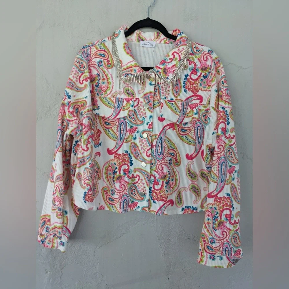 NEW! Emily Wonder Colorful Paisley Jacket - Button up - Crystal Fringe - Size L - Picture 3 of 4